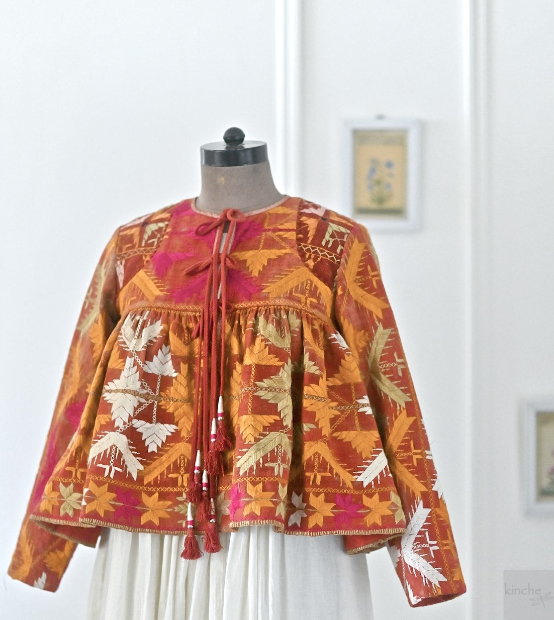 Medium, Eknoor, Handmade Vintage Phulkari Cropped Boho Jacket, Kediya Style