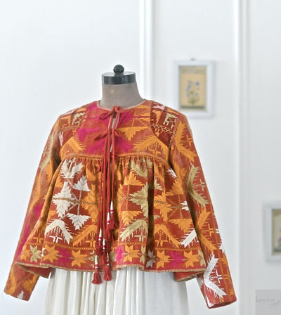 Medium, Eknoor, Handmade Vintage Phulkari Cropped Boho Jacket, Kediya Style