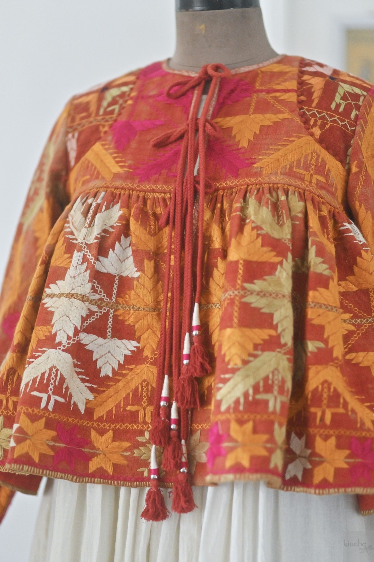 Medium, Eknoor, Handmade Vintage Phulkari Cropped Boho Jacket, Kediya Style