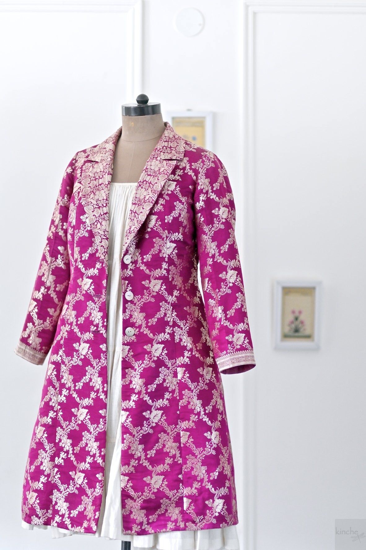 Esha, Size Medium, Dark Fuchsia Long Coat, made with Antique Silk Saree