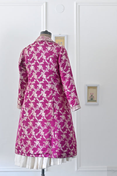 Esha, Size Medium, Dark Fuchsia Long Coat, made with Antique Silk Saree