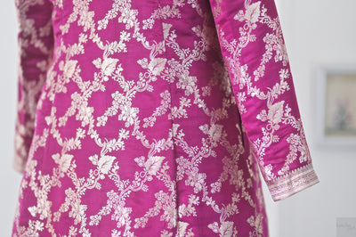 Esha, Size Medium, Dark Fuchsia Long Coat, made with Antique Silk Saree