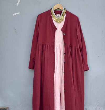 Maraba, Hand Woven Khadi Long Coat with Cotton Embroidered Dress