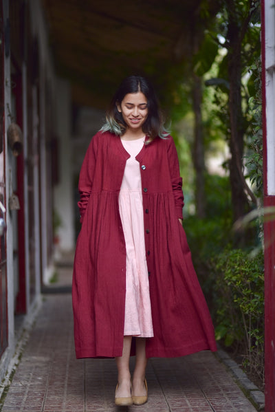 Maraba, Hand Woven Khadi Long Coat with Cotton Embroidered Dress