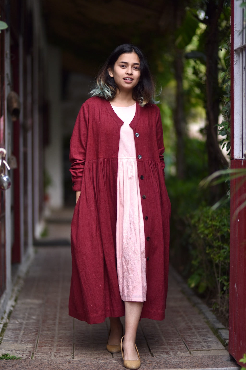 Maraba, Hand Woven Khadi Long Coat with Cotton Embroidered Dress