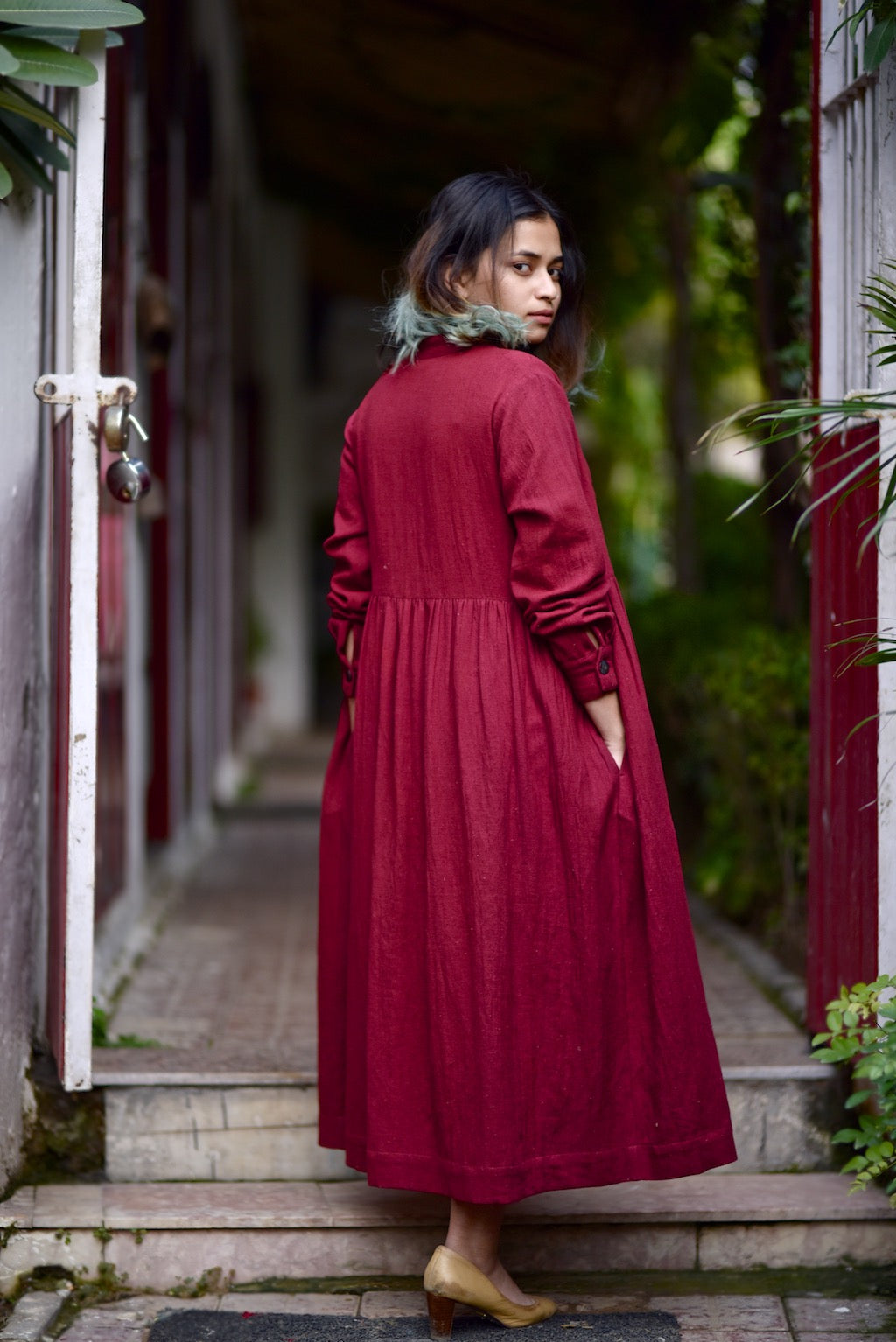 Maraba, Hand Woven Khadi Long Coat with Cotton Embroidered Dress