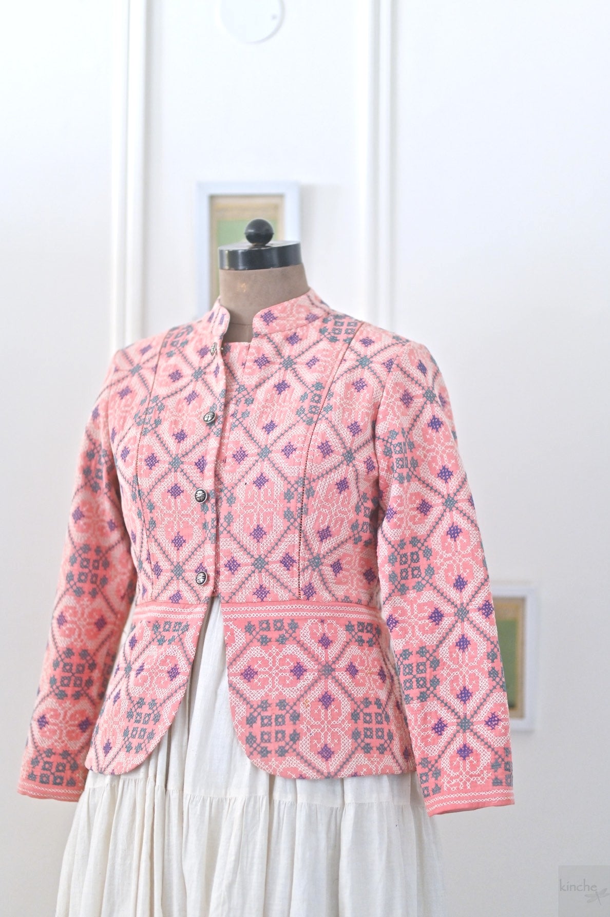 Tamm, Light Pink, 1900's Vintage Nakshi Embroidered kantha Jacket, Medium