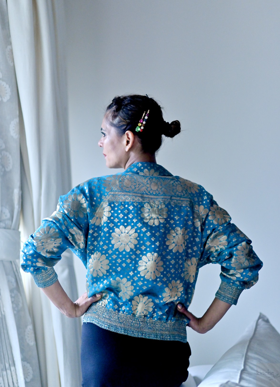 Sabiha, Handmade Zari Bomber in Turquoise, Oversized