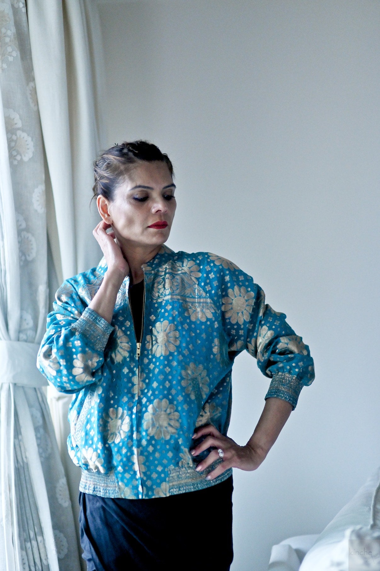 Sabiha, Handmade Zari Bomber in Turquoise, Oversized