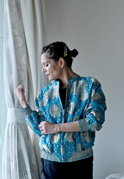 Sabiha, Handmade Zari Bomber in Turquoise, Oversized