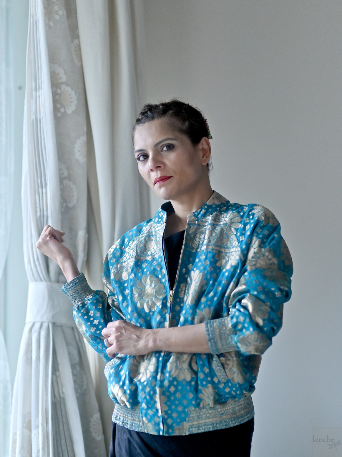 Sabiha, Handmade Zari Bomber in Turquoise, Oversized