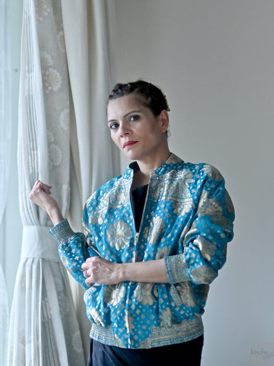 Sabiha, Handmade Zari Bomber in Turquoise, Oversized