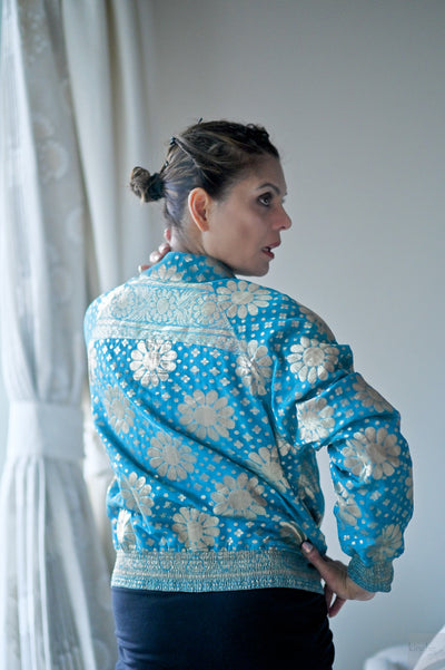 Sabiha, Handmade Zari Bomber in Turquoise, Oversized