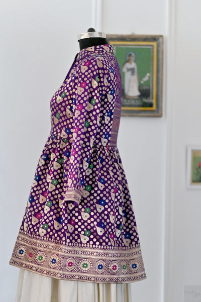 Rabia, Vintage Zari Saree Long Jacket in Deep Purple & Gold, Large & XL