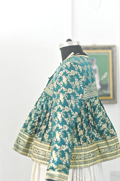 Kavi, Vintage Katan Silk Saree Up Cycled Kedia Blouse in Green