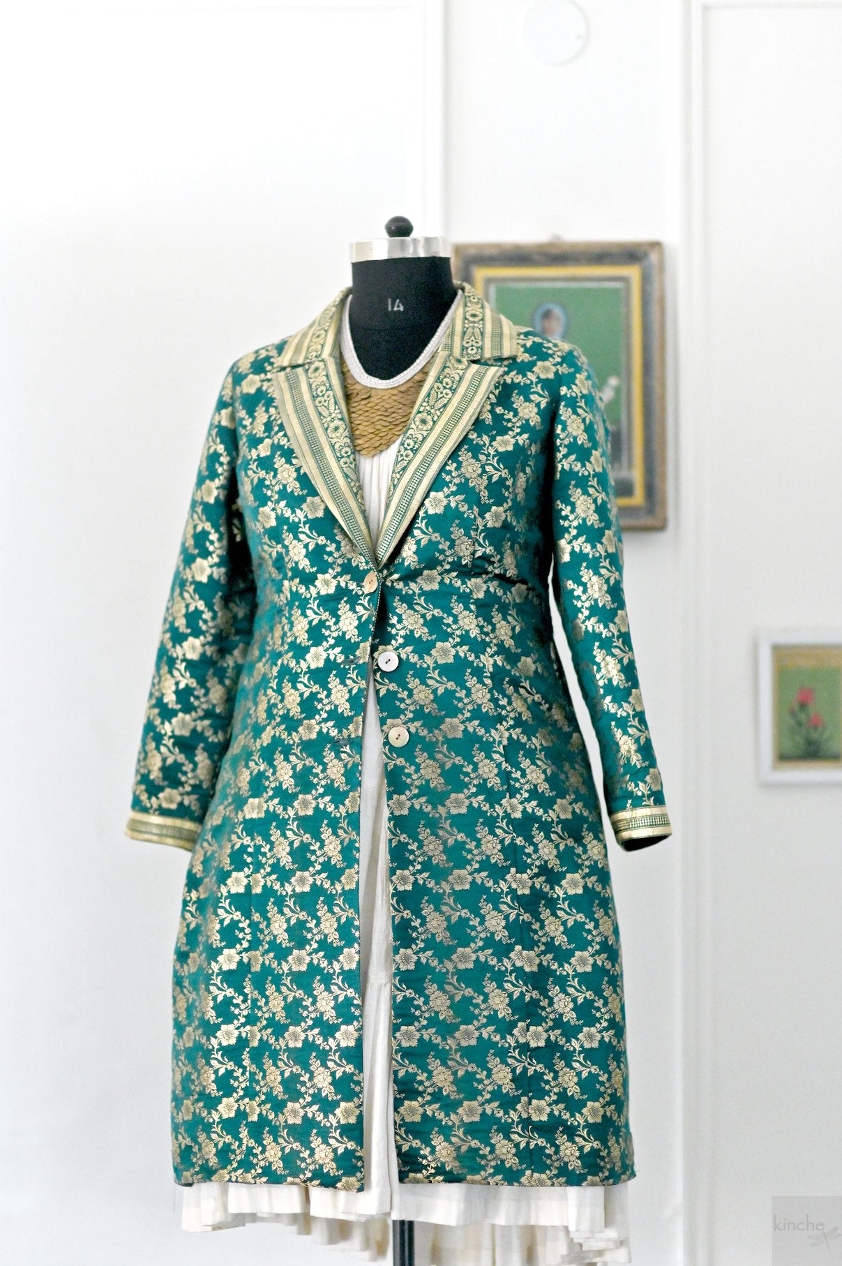 Kavi, Up Saree Silk Long Blazer Jacket in Green & Gold, XL