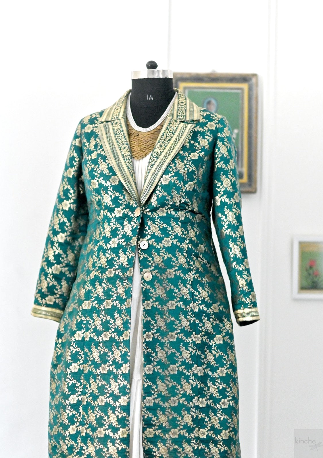 Kavi, Up Saree Silk Long Blazer Jacket in Green & Gold, XL