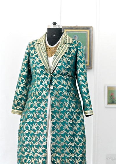 Kavi, Up Saree Silk Long Blazer Jacket in Green & Gold, XL