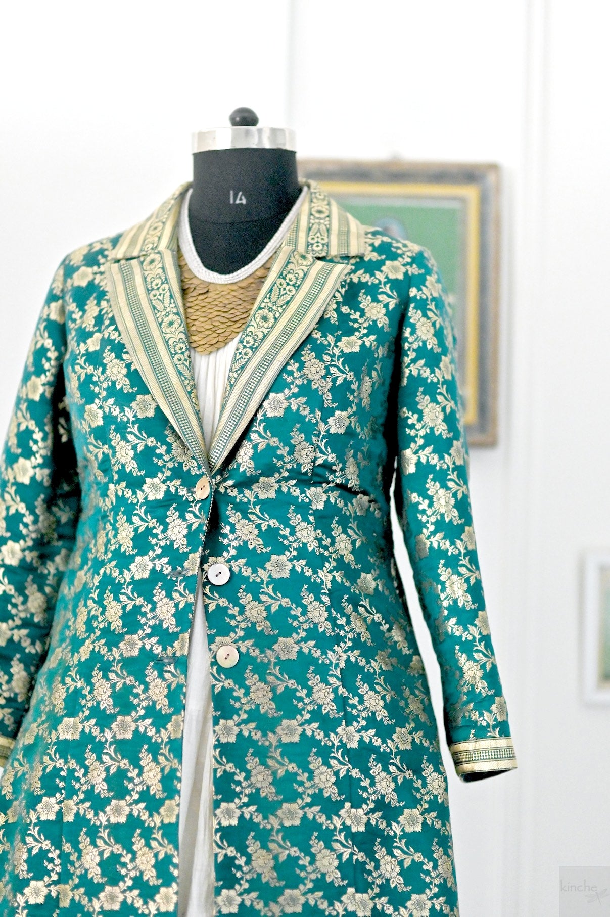 Kavi, Up Saree Silk Long Blazer Jacket in Green & Gold, XL