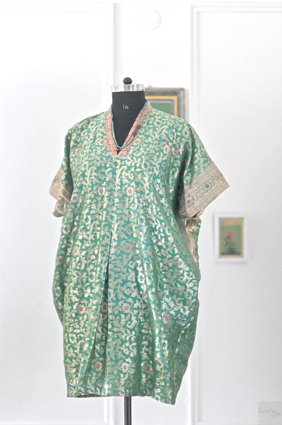 Bodrum, Loose fit Kaftan Dress with Contrast Neckline, made with Vintage Saree