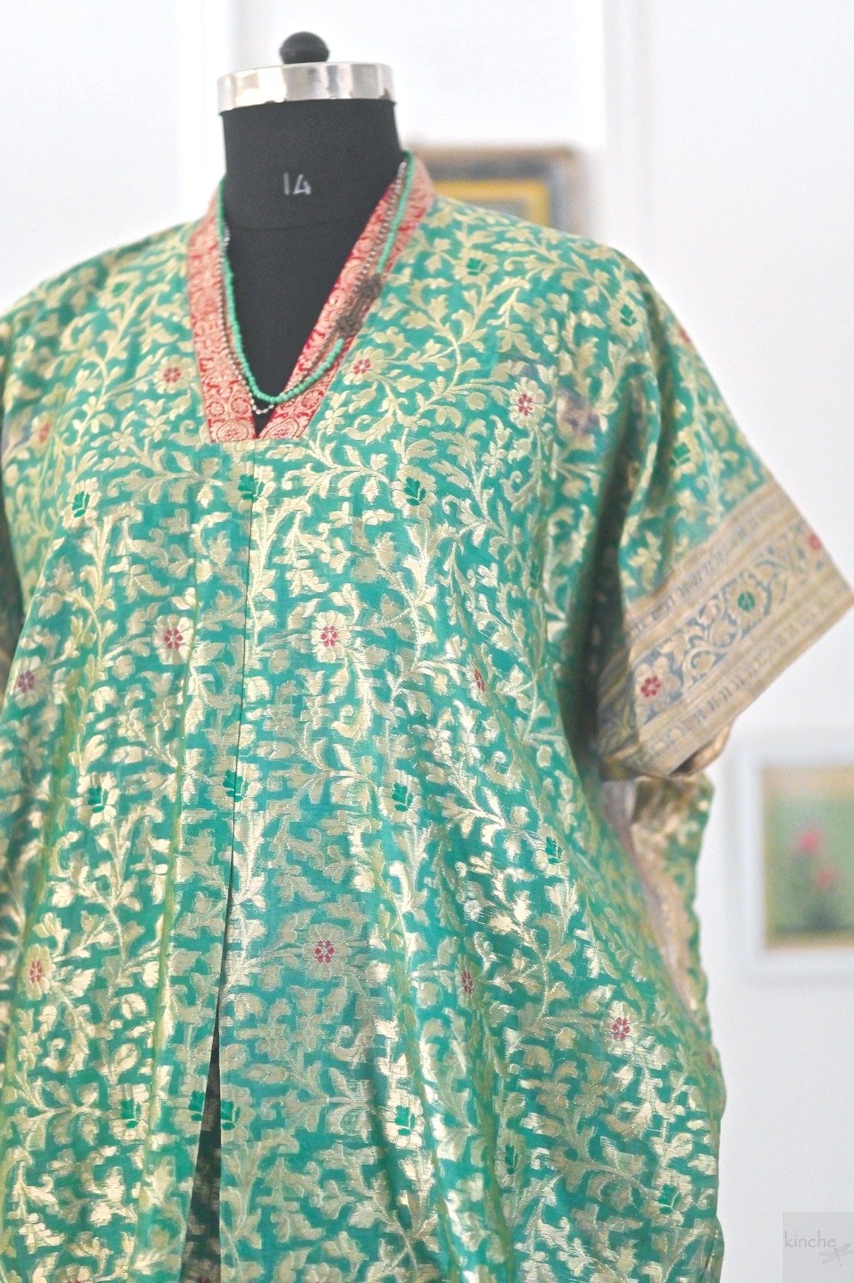 Bodrum, Loose fit Kaftan Dress with Contrast Neckline, made with Vintage Saree