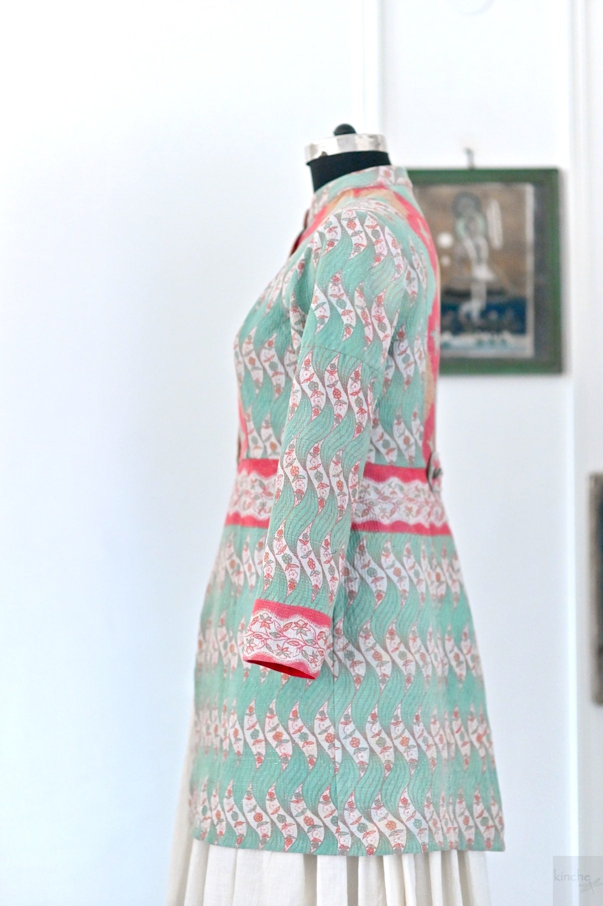 162, Retro Print, Quilted Vintage Kantha Long Jacket, One of a Kind, Large