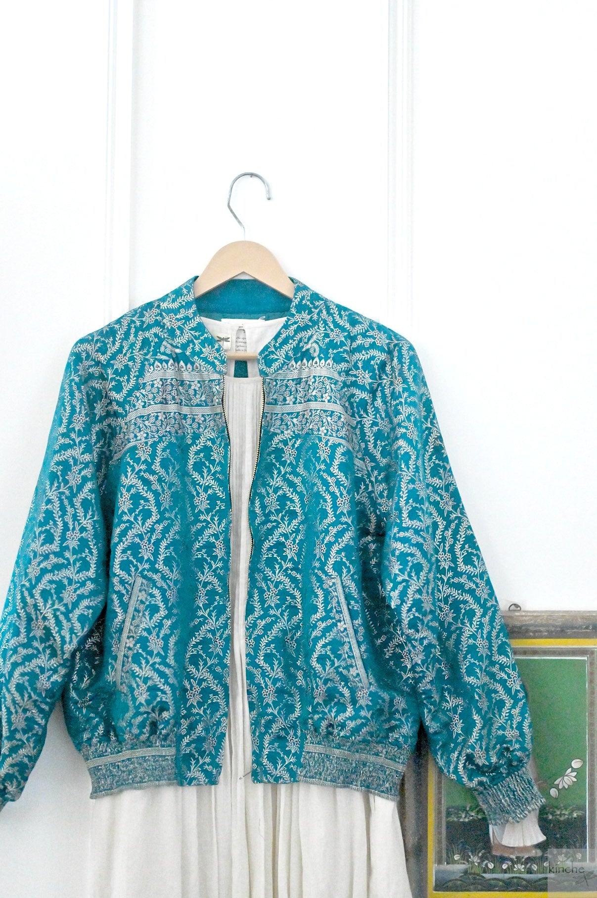 Leela, Handmade, Vintage Silk Saree Bomber in Turquoise & Silver weavew