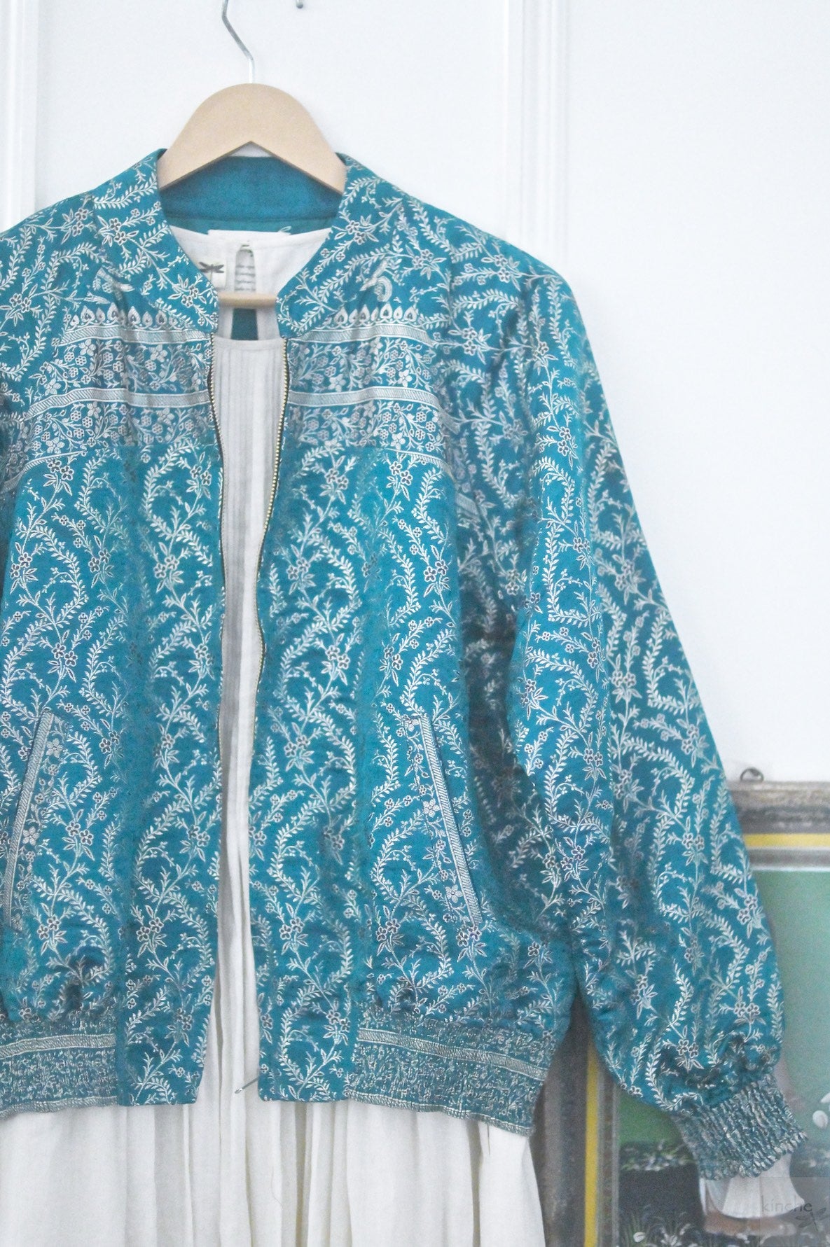 Leela, Handmade, Vintage Silk Saree Bomber in Turquoise & Silver weavew