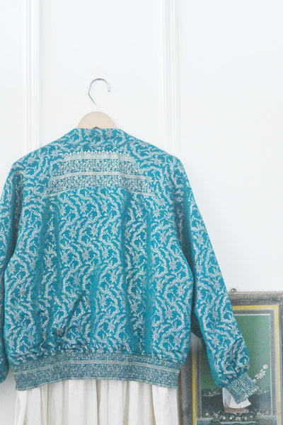 Leela, Handmade, Vintage Silk Saree Bomber in Turquoise & Silver weavew