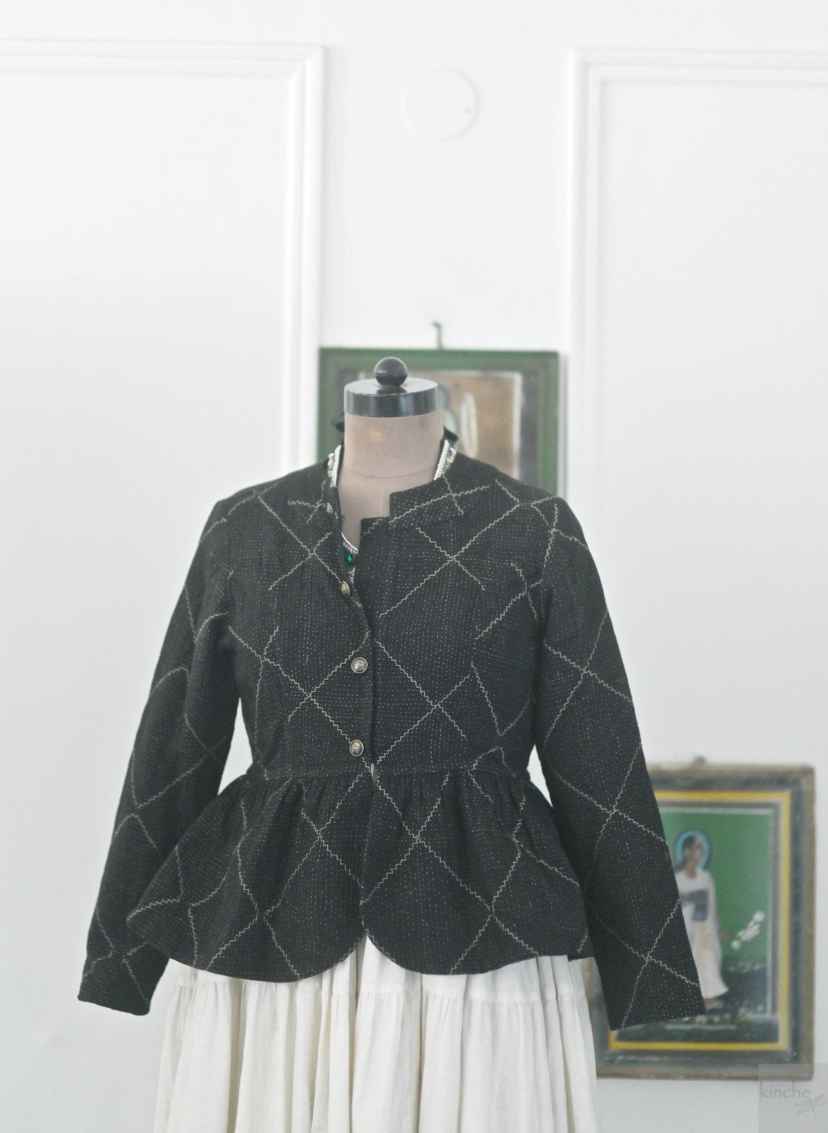 Medium, Hasina, Black Peplum Jacket, Slightly Quilted & Hand Embroidered