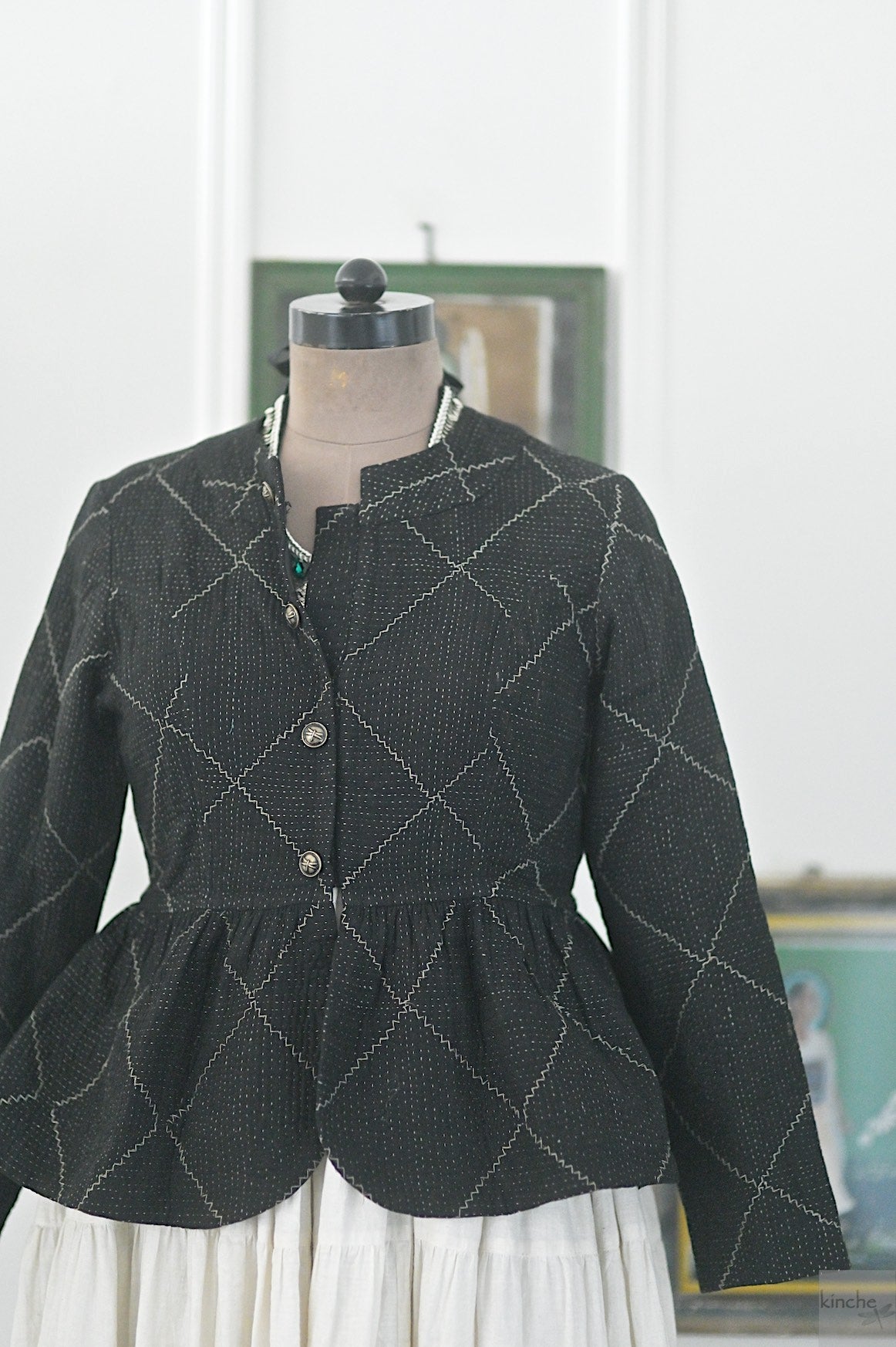 Medium, Hasina, Black Peplum Jacket, Slightly Quilted & Hand Embroidered