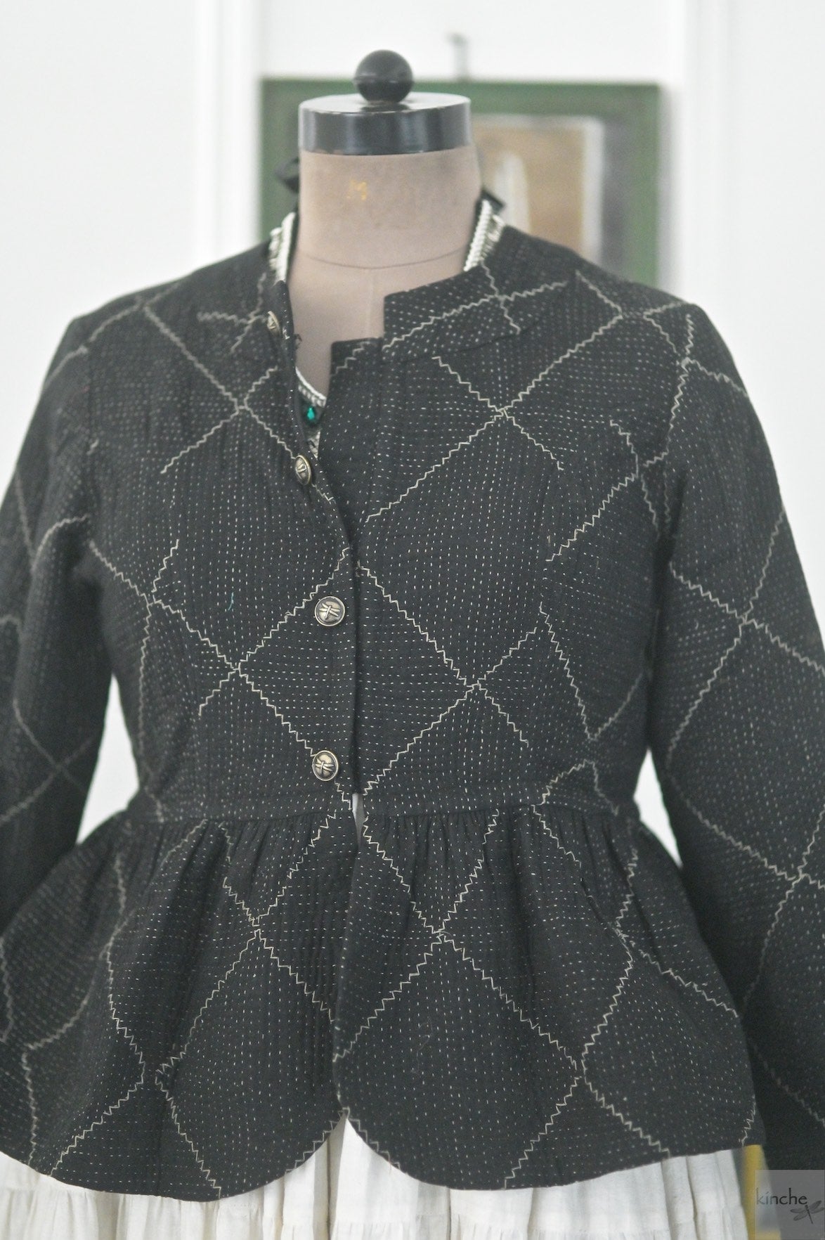 Medium, Hasina, Black Peplum Jacket, Slightly Quilted & Hand Embroidered