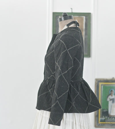 Medium, Hasina, Black Peplum Jacket, Slightly Quilted & Hand Embroidered