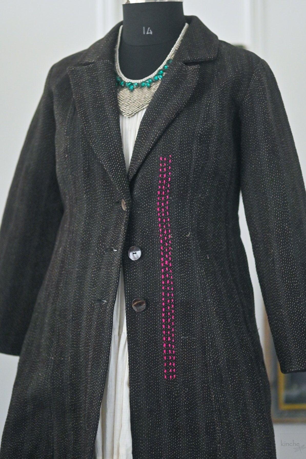 XL, Hermoine, Vintage Quilt Long Coat with Brass Buttons, Sustainably Made, XL