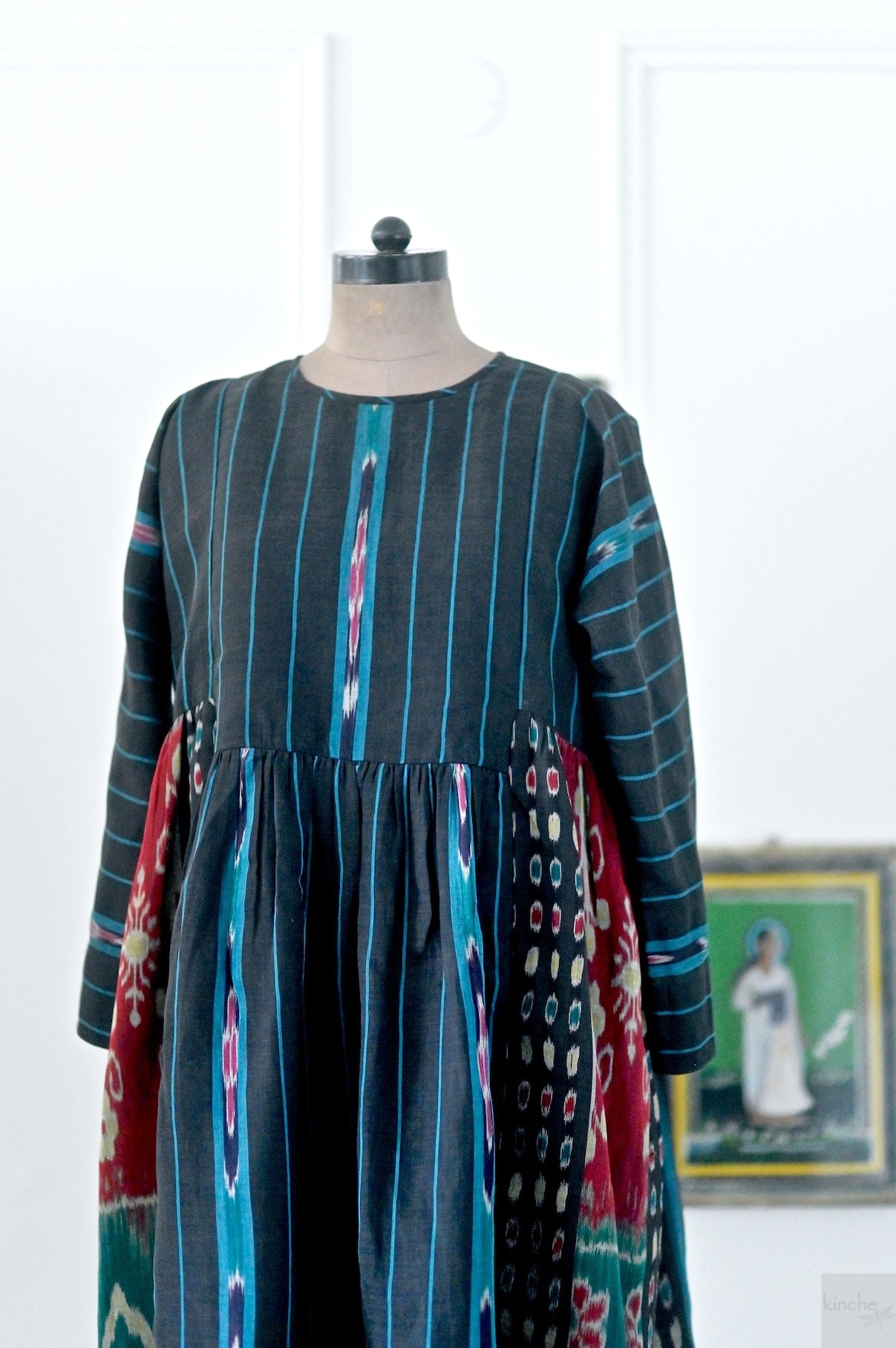 NY, Handmade upcycled Ikat Saree, made into a dress, M/L