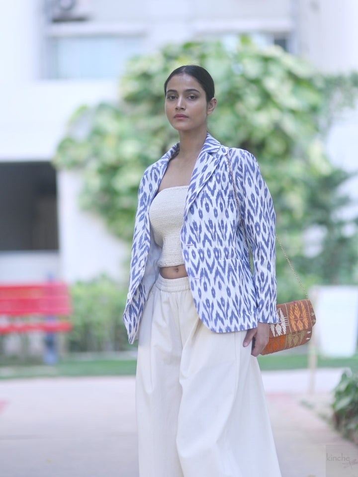 Azure, Indigo & White Ikat Weave Cotton Blazer