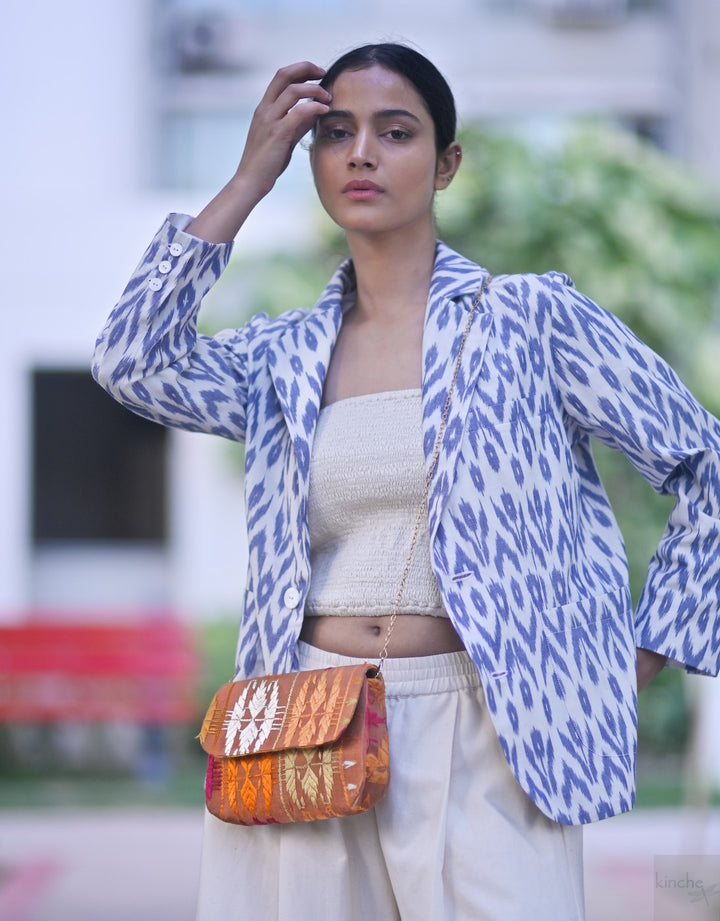 Azure, Indigo & White Ikat Weave Cotton Blazer