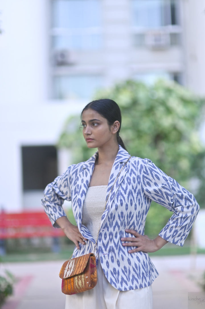 Azure, Indigo & White Ikat Weave Cotton Blazer