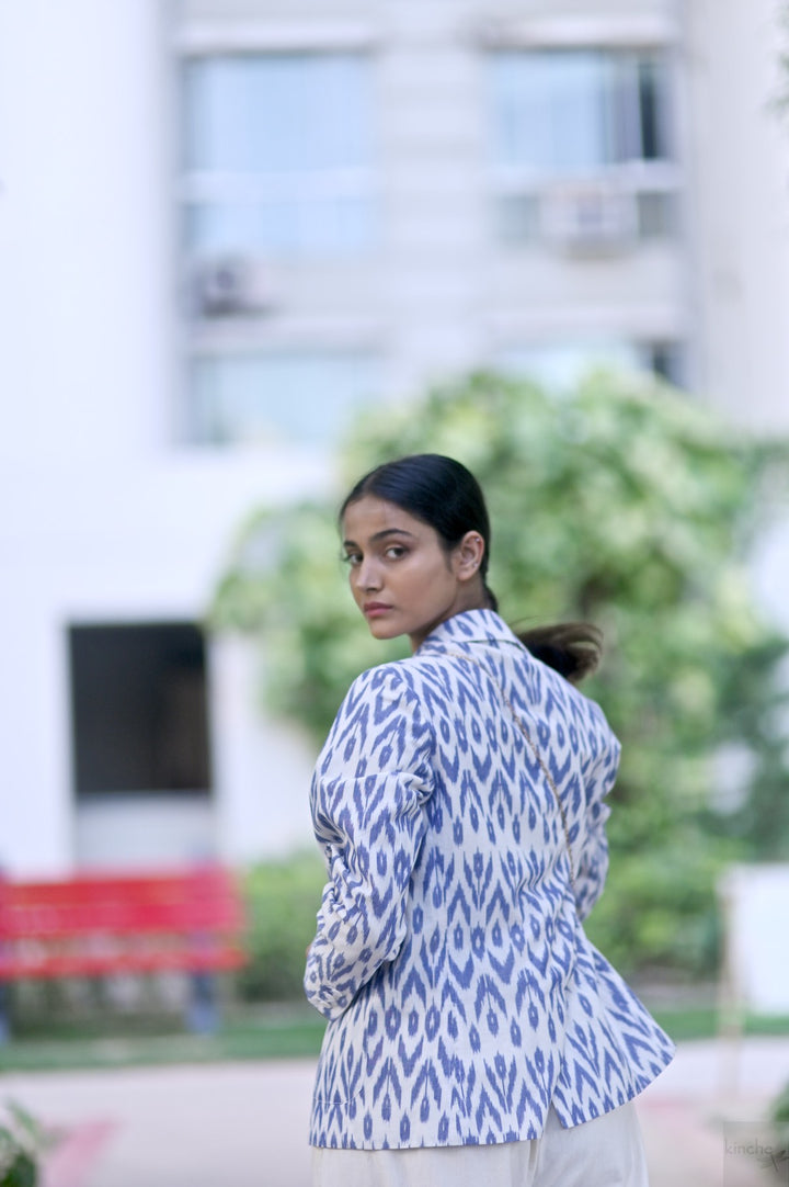 Azure, Indigo & White Ikat Weave Cotton Blazer