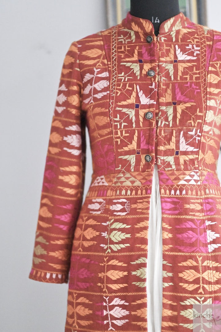 Simrat Size Medium/Large Long Jacket Made of Antique Phulkari Chaddar/ One of a Kind - kinchecom