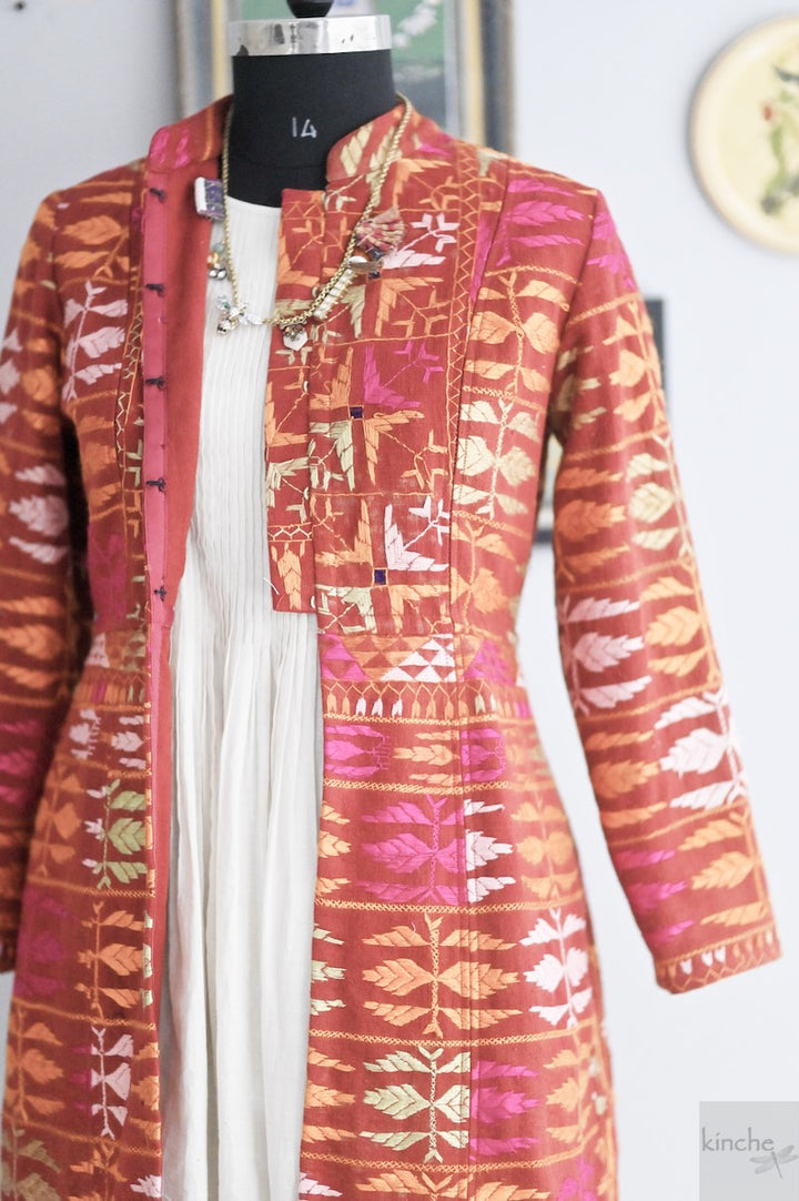 Simrat Size Medium/Large Long Jacket Made of Antique Phulkari Chaddar/ One of a Kind - kinchecom