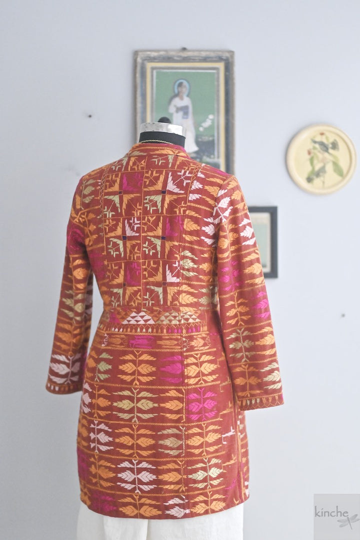 Simrat Size Medium/Large Long Jacket Made of Antique Phulkari Chaddar/ One of a Kind - kinchecom