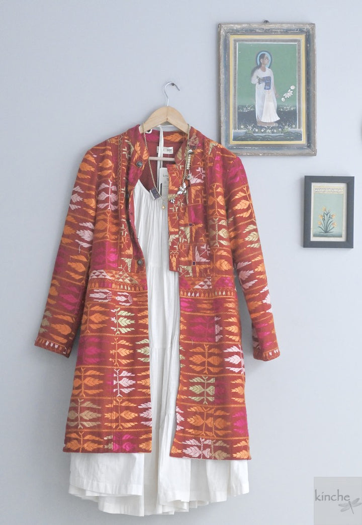 Simrat Size Medium/Large Long Jacket Made of Antique Phulkari Chaddar/ One of a Kind - kinchecom