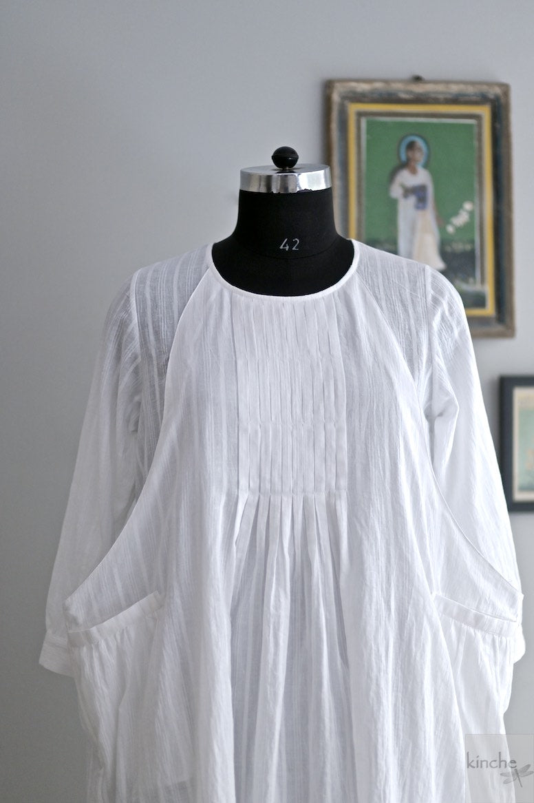 Kyoto, White Khadi Layered Dress, White Stripes