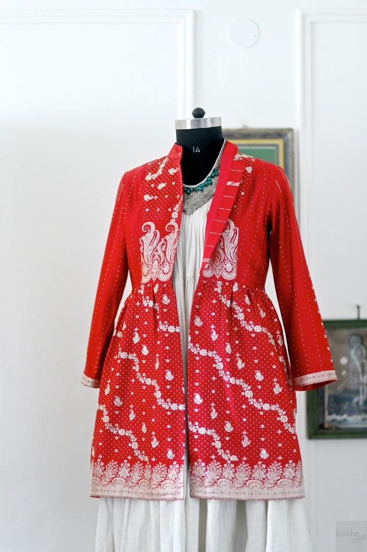 Katha, Vintage Zari Saree Long Jacket in Red and Gold, Large