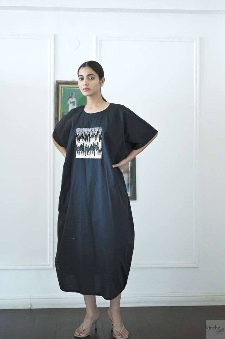 Kia, Cotton Poplin Cocoon Maxi Dress with Glass Beads Hand Embroidery, Black