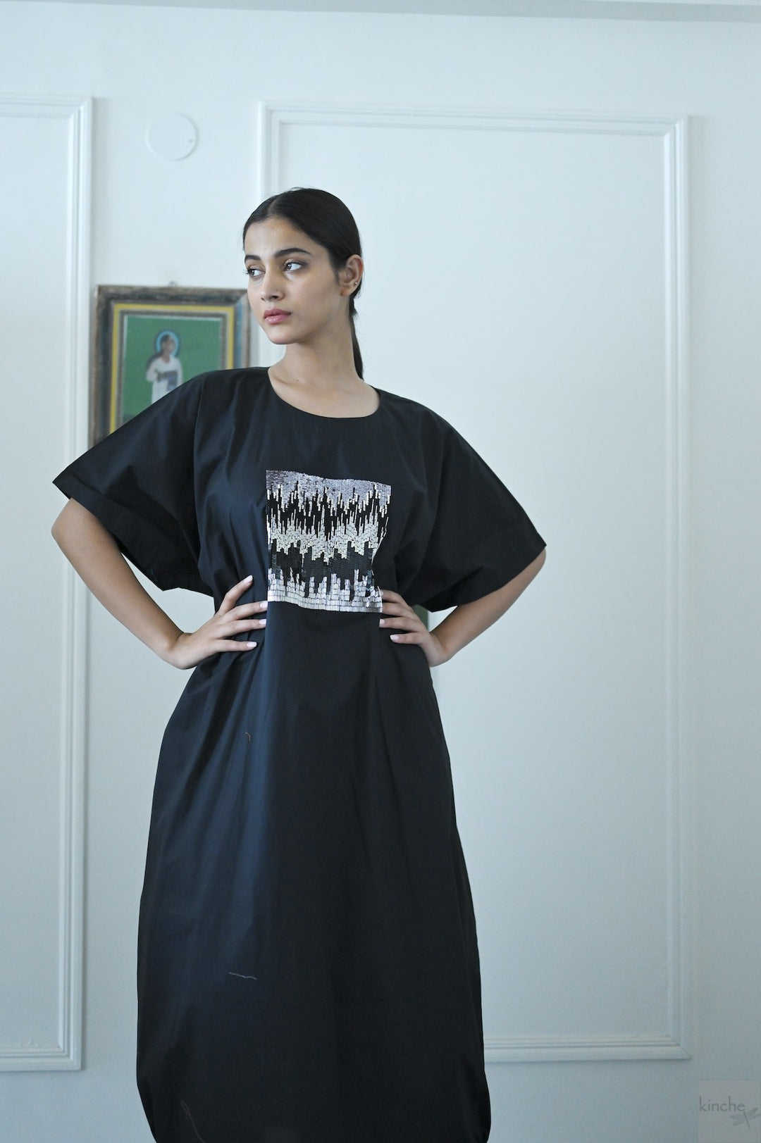 Kia, Cotton Poplin Cocoon Maxi Dress with Glass Beads Hand Embroidery, Black