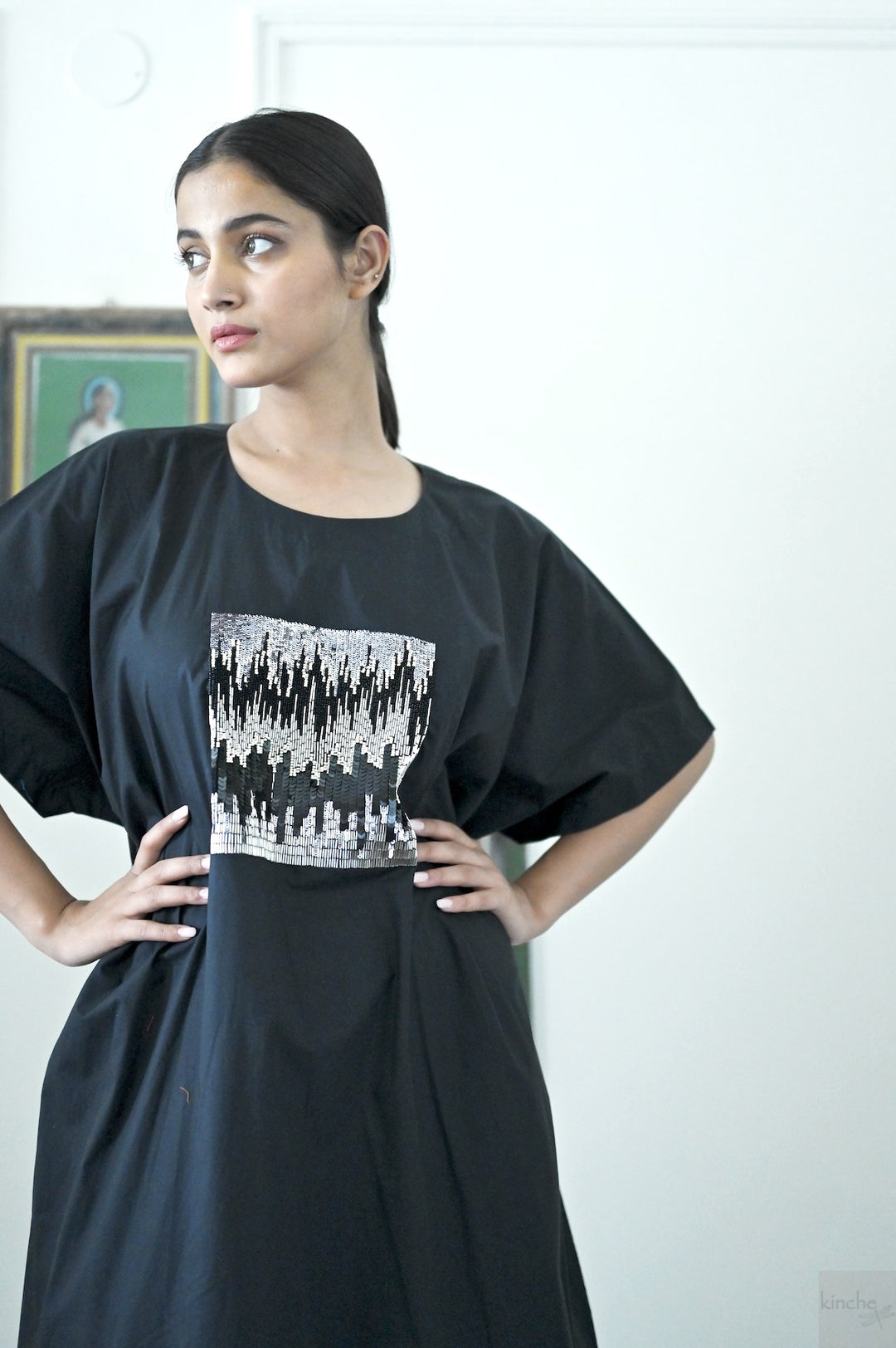 Kia, Cotton Poplin Cocoon Maxi Dress with Glass Beads Hand Embroidery, Black