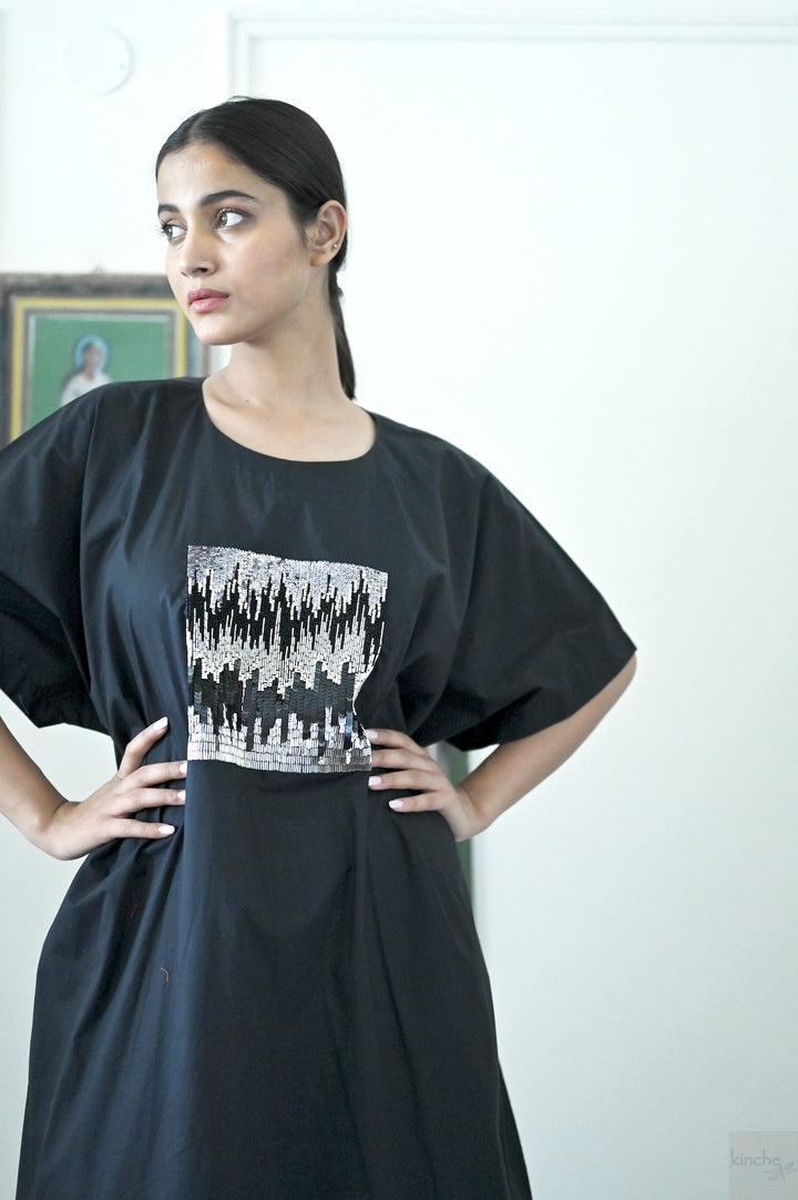 Kia, Cotton Poplin Cocoon Maxi Dress with Glass Beads Hand Embroidery, Black