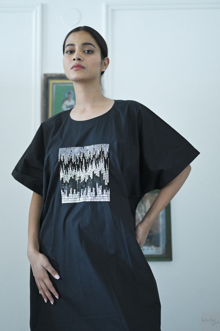 Kia, Cotton Poplin Cocoon Maxi Dress with Glass Beads Hand Embroidery, Black